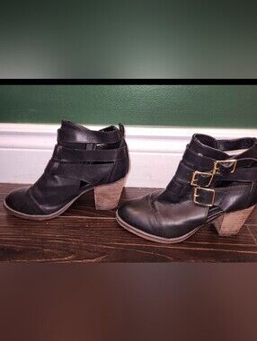 Black Ankle Heeled Booties with Gold Buckles